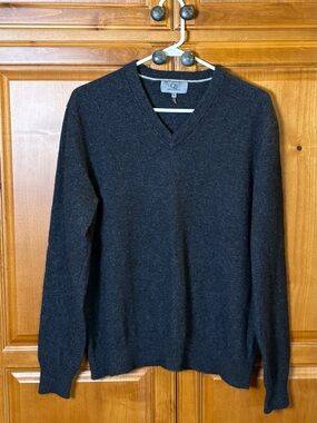 Qi New York 100% Cashmere Heathered Charcoal Gray V-Neck Sweater XL